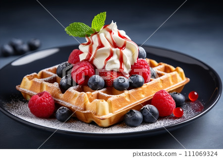 Delicious Belgian Waffles with Blueberries, Raspberries, and Whipped Cream, Copy Space Delicious Belgian Waffles with Blueberries, Raspberries, and Whipped Cream, Copy Space 111069324