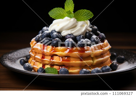 Delicious Belgian Waffles with Fresh Berries and Whipped Cream Topping on a Plate. Copy space Delicious Belgian Waffles with Fresh Berries and Whipped Cream Topping on a Plate. Copy space 111069327