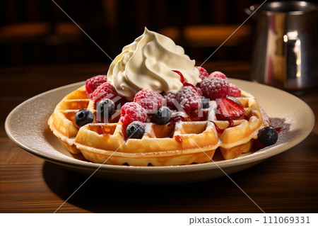 Delicious Belgian Waffles with Blueberries, Raspberries, and Whipped Cream, Copy Space Delicious Belgian Waffles with Blueberries, Raspberries, and Whipped Cream, Copy Space 111069331