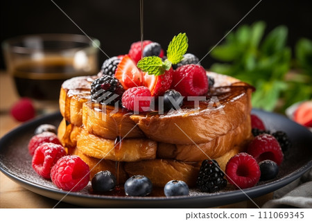 Delicious French Toast Pain Perdu with berries - Traditional Breakfast Meal Cuisine Copy Space Delicious French Toast Pain Perdu with berries - Traditional Breakfast Meal Cuisine Copy Space 111069345