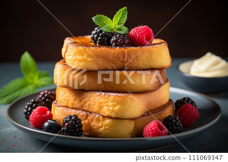 Delicious French Toast Pain Perdu with berries  - Traditional Breakfast Meal Cuisine Copy Space 111069347