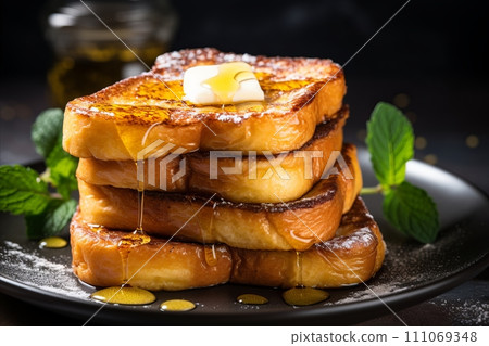 Delicious French Toast Pain Perdu with Copy Space - Traditional Breakfast Meal Cuisine 111069348