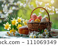 AI-generated content. Easter composition. Easter eggs, cake and flowers on the table. AI-generated content. Easter composition. Easter eggs, cake and flowers on the table. 111069349