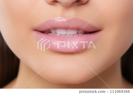 Closeup shot of sexy woman with stunning glossy pink lips, perfect for beauty and cosmetic concepts 111069366