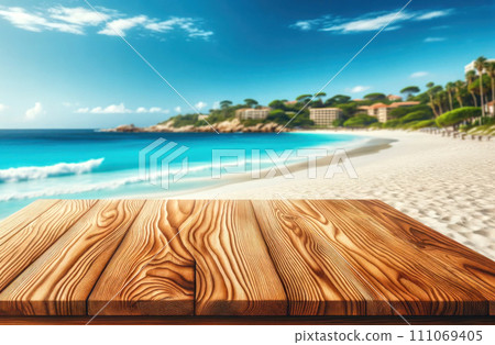 Empty wooden table with beautiful blurred white sand beach background 111069405