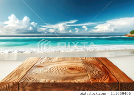 Empty wooden table with beautiful blurred white sand beach backg 111069406