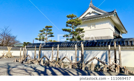 岡崎城大手門在藍天的襯托下格外引人注目,在瓷磚牆前放置著岡崎夜入祭的竹燈(岡崎城公園/愛知縣岡崎市) 岡崎城大手門在藍天的襯托下格外引人注目,在瓷磚牆前放置著岡崎夜入祭的竹燈(岡崎城公園/愛知縣岡崎市) 111069457