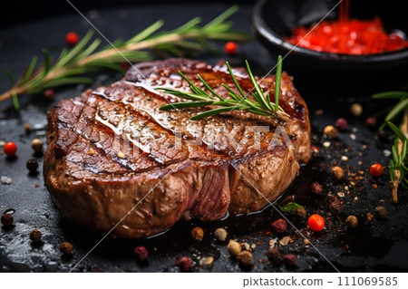 Delicious Juicy Steak Grilling on the Barbecue for a Mouthwatering Dining Experience 111069585