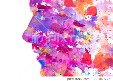 A colorful paintography male profile silhouette in double exposure technique 111069776