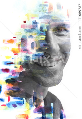 A monochrome portrait combined with a colorful painting in double exposure 111069787