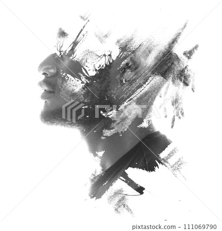 A disappearing paintography double exposure profile portrait of a man A disappearing paintography double exposure profile portrait of a man 111069790