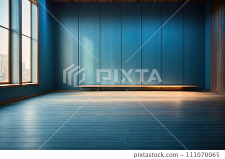 Blue empty wall and wooden floor, Interior background  111070065