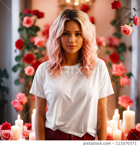 AI-generated content. Valentines Day White T-Shirt Mockup Template with a Beautiful Young Blondie Woman Posing in a Romantic Bedroom with Rose Flower and Candle. Trendy Photo for Online Shops 111070371