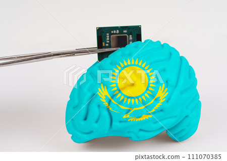 On a white background, a model of the brain with a picture of a flag - Kazakhstan, a microcircuit, a processor, is implanted into it. 111070385