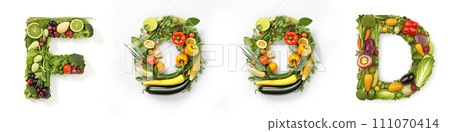 On a white isolated background from the fruit and vegetable alphabet the inscription - FOOD On a white isolated background from the fruit and vegetable alphabet the inscription - FOOD 111070414