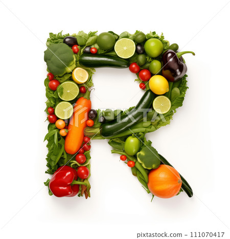 Fruit and vegetable alphabet on a white background, Letter R Fruit and vegetable alphabet on a white background, Letter R 111070417