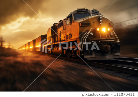 A freight train passes at high speed at sunset. 111070431