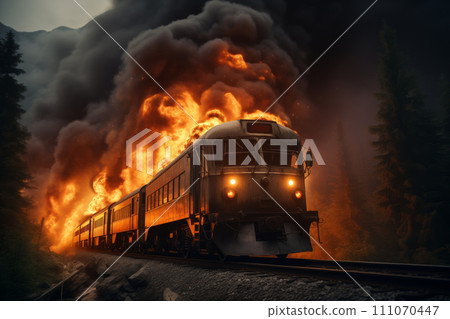 There is a fire on a passenger train, the carriages are burning with bright flames, and there is thick smoke. 111070447
