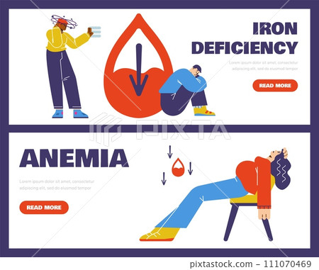 Iron deficiency anemia diagnosis symptom medical cartoon vector landing page set, sick people feels unwell, dizziness Iron deficiency anemia diagnosis symptom medical cartoon vector landing page set, sick people feels unwell, dizziness 111070469