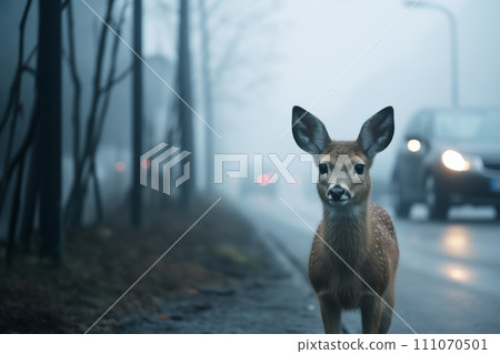 A roe deer stands on the road near the forest in the fog, cars are driving along the road. 111070501
