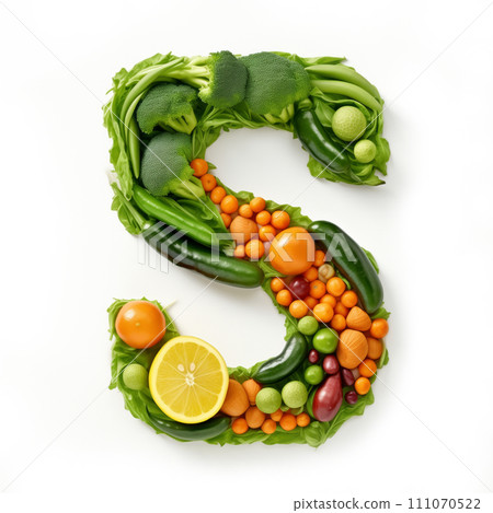 Fruit and vegetable alphabet on a white background, Letter S Fruit and vegetable alphabet on a white background, Letter S 111070522