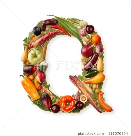 Fruit and vegetable alphabet on a white background, Letter Q Fruit and vegetable alphabet on a white background, Letter Q 111070524