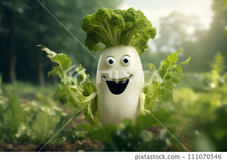 A cheerful animated horseradish with a smile on his face in the garden. 111070546