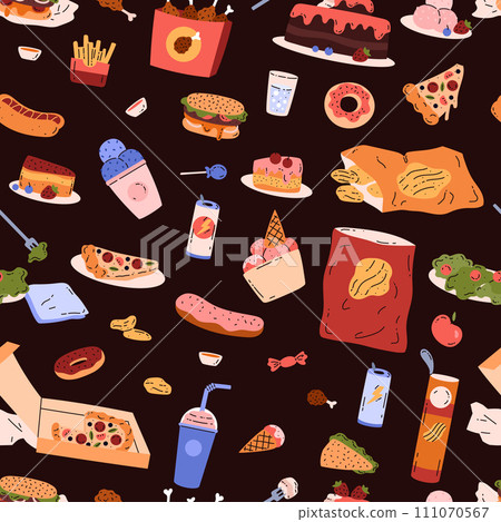 Seamless pattern with unhealthy bakery sweets, desserts and fatty fast food, vector cartoon eating disorder, overeating 111070567
