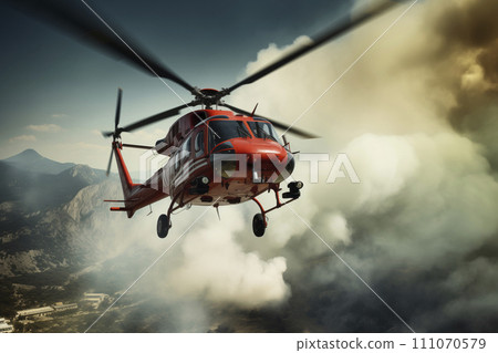 A red rescue helicopter flies to the scene. 111070579