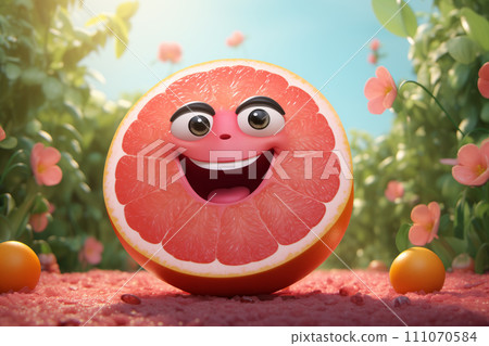 Cheerful animated pink grapefruit with a smile on its face in the vegetable garden. 111070584