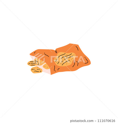 Spilled corrugated potato chips in open plastic bag package vector illustration, unhealthy fat fast food eating disorder 111070616