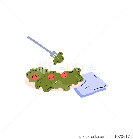 Fresh vegetable salad on plate with fork and napkin, natural vegetarian food, vector Eating disorder, diets and anorexia 111070617