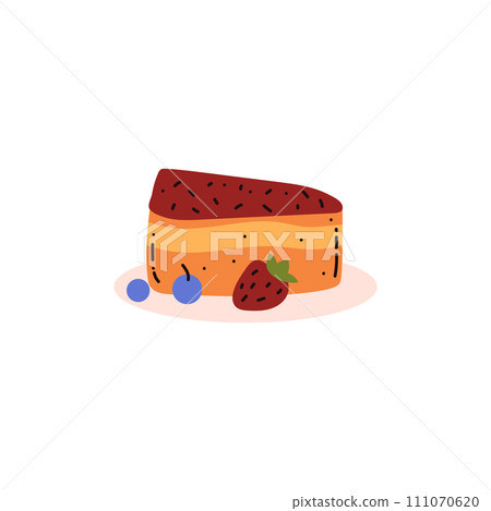 Piece of cake with fruit jam topping and berries on plate, delicious baking sweet dessert eating disorder vector concept 111070620