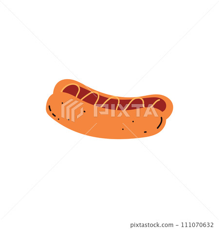Hot dog sandwich with sausage, bun, ketchup and mustard, unhealthy fat fast food vector flat isolated illustration 111070632