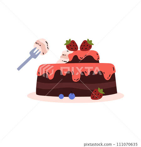 Chocolate cake with fruit topping and berries on a plate, fork with a piece of dessert, eating disorder vector concept 111070635