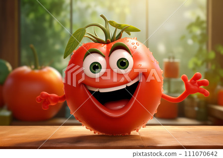 Cheerful animated red wet tomato with a smile on his face on the kitchen table. 111070642