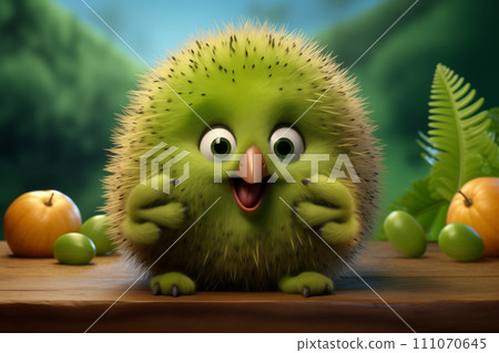 Cheerful animated green kiwi with a beak and a smile on its face. Cheerful animated green kiwi with a beak and a smile on its face. 111070645
