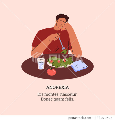 Sad man eating salad, cartoon style isolated vector illustration, anorexia 111070692