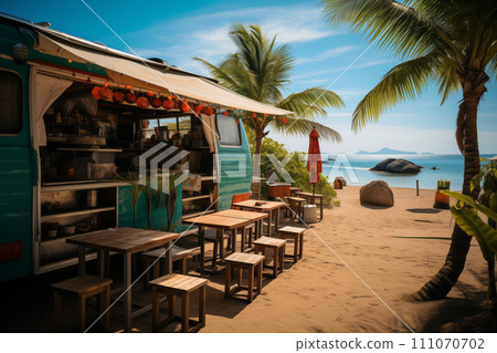 A mobile cafe on wheels stands on the beach by the sea A mobile cafe on wheels stands on the beach by the sea 111070702