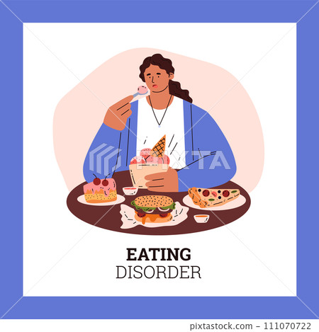 Lady devouring bakery sweets desserts and fatty fast food, cartoon woman eating ice cream, Eating disorder vector poster 111070722