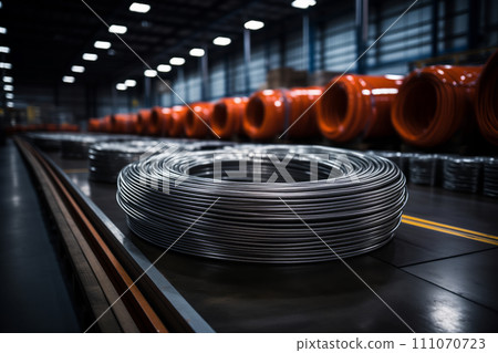 Iron wire in rolls in a metal products warehouse. 111070723