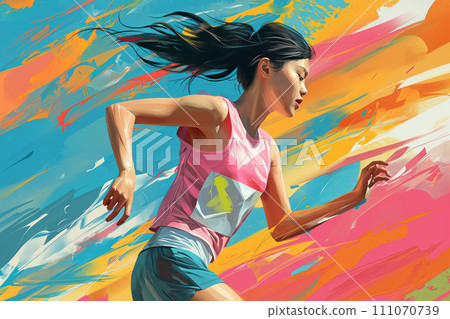 An athlete of Asian appearance in a bright uniform on a blue-pink-orange graphic background. An athlete of Asian appearance in a bright uniform on a blue-pink-orange graphic background. 111070739