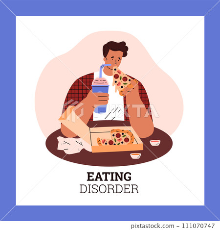 Man eating pizza and soda, hungry character and gluttony, Fast food addiction, Eating disorder vector cartoon poster 111070747