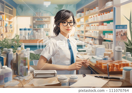 Drawing of a professional Asian woman pharmacist in a modern pharmacy. Drawing of a professional Asian woman pharmacist in a modern pharmacy. 111070764