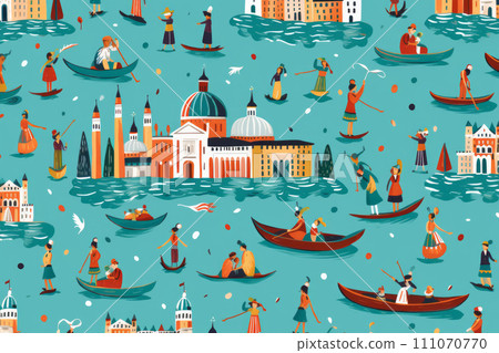 Illustration of a panorama of Venice architecture with water transport. 111070770