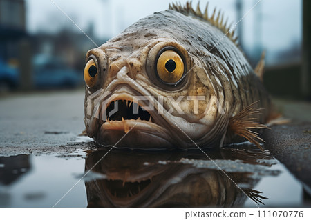 There is a fish lying on the shore that has washed ashore due to water pollution. There is a fish lying on the shore that has washed ashore due to water pollution. 111070776