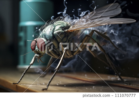 A housefly after a long flight around the room, smoke coming out of its wings due to overheating. 111070777