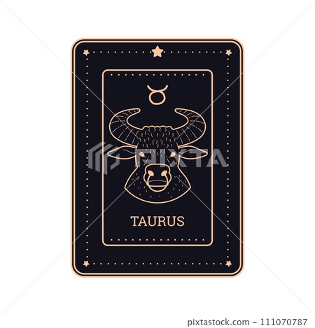 Horoscope black card in line art style with Taurus zodiac sign and symbol golden contour, Astrological outline design Horoscope black card in line art style with Taurus zodiac sign and symbol golden contour, Astrological outline design 111070787
