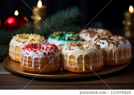 Beautiful delicious donuts decorated with butter cream. Beautiful delicious donuts decorated with butter cream. 111070826