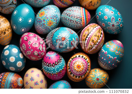 Colorful background of multi-colored Easter eggs. 111070832